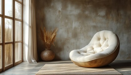 Cream-colored armchair on wooden base, sits on rug near window in sunlit room with textured wall. Perfect for interior design, home decor, and relaxation concepts; evokes calm and comfort.