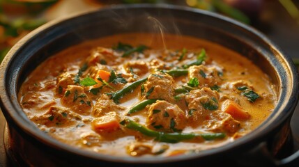 A steaming pot of flavorful curry with vegetables and herbs, ready to be served.