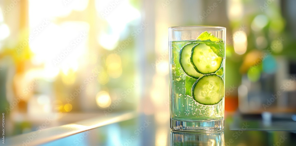 Poster a refreshing drink with cucumber slices in a glass, set in a bright, inviting environment.