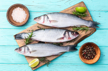 Raw sea bass fish photography . Top view