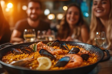 A vibrant seafood paella served at a social gathering with friends enjoying the meal.