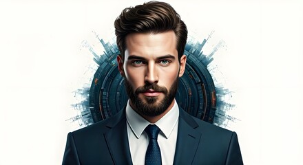 A Male model with groomed hair and beard, isolated on a white background perfect for showcasing skincare, cologne, or shaving products.