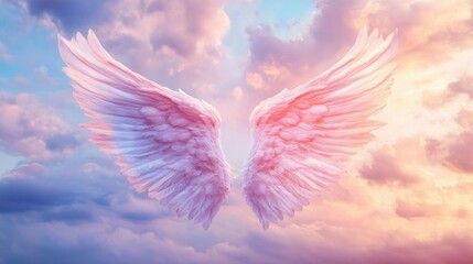 Obraz premium Angel wings with soft pastel gradients blending into a serene evening sky with delicate clouds