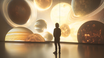 Individual gazes at a stunning display of planets and celestial bodies in a modern exhibition space during the evening