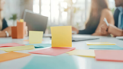 Creative brainstorming session with colorful sticky notes on table, showcasing collaboration among diverse professionals in bright office environment