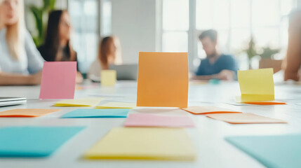 Diverse team of professionals brainstorming ideas with sticky notes in bright office. atmosphere is collaborative and creative, showcasing teamwork and innovation