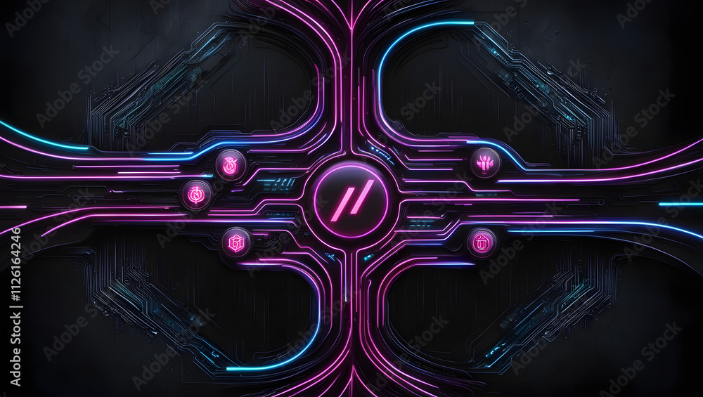 Poster cyberpunk circuitry: abstract digital art featuring vibrant neon pink and blue lines intersecting on