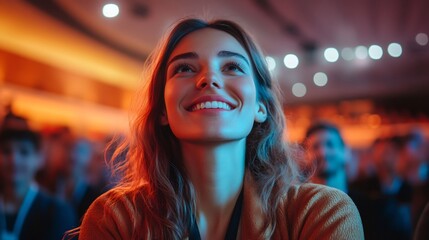 Obraz premium Enthusiastic Businesswoman Cheering at Corporate Conference