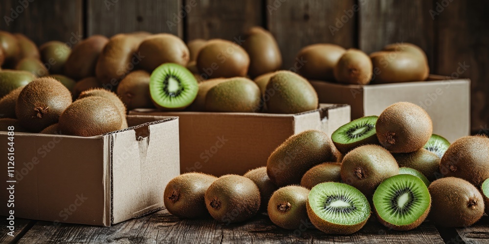 Poster a rustic display of whole and sliced kiwis in cardboard boxes on a wooden surface.