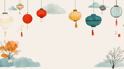 Festive Chinese lanterns in vibrant colors hang against soft background, creating warm and inviting atmosphere. design features trees and clouds, enhancing celebratory feel