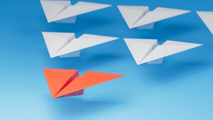 Different business concept.new ideas. paper art style.Leaderplane concept with red paper plane leading among white planes.3D rendering on blue background.