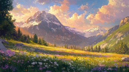Obraz premium Serene Alpine Meadow at Sunset: A Breathtaking Panorama of Majestic Mountains and Vibrant Wildflowers