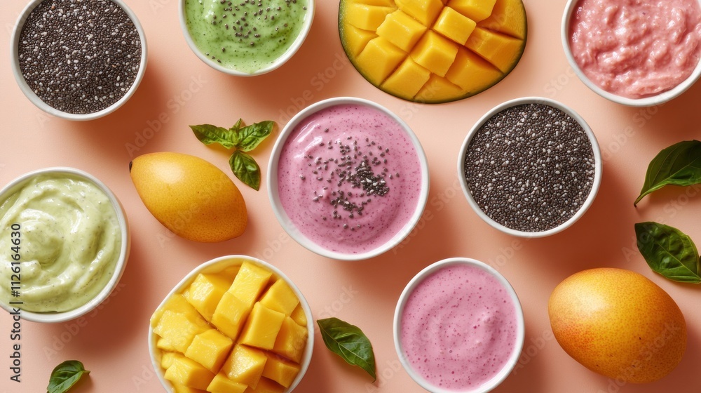 Poster a colorful array of fruit-based smoothies and toppings in bowls.
