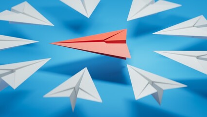 Different business concept.new ideas. paper art style.Leaderplane concept with red paper plane leading among white planes.3D rendering on blue background.