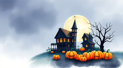 Watercolor Halloween Background with Pumpkins and a Haunted House