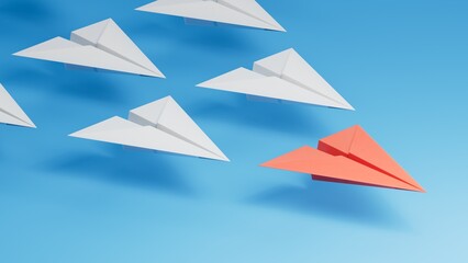 Different business concept.new ideas. paper art style.Leaderplane concept with red paper plane leading among white planes.3D rendering on blue background.