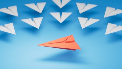 Fototapeta premium Different business concept.new ideas. paper art style. creative idea.Red and white paper plane. Leaderplane concept.3D rendering on blue background.