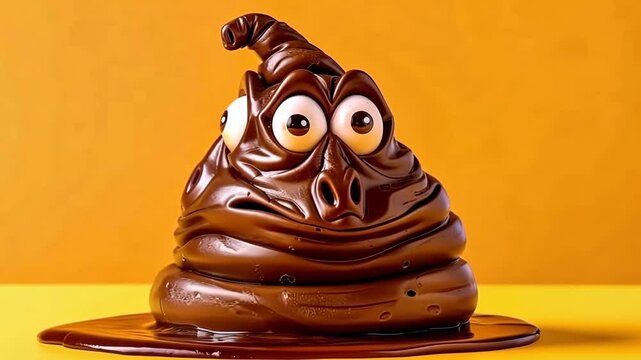 Chocolate poop character expressing disgust on yellow background
