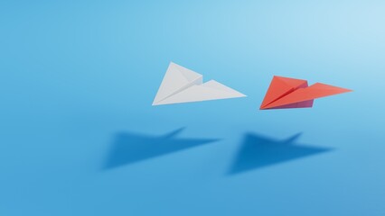 Different business concept.new ideas. paper art style. creative idea.Red and white paper plane. Leaderplane concept.3D rendering on blue background.