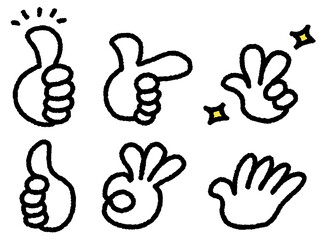 手描きの色々なハンドサインのセット　いいね　指差し　OK