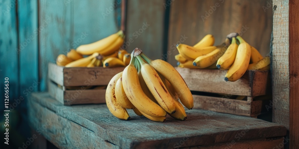 Aufkleber fresh bananas displayed in wooden crates on a rustic table.