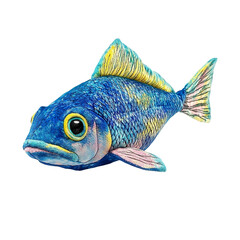 ANGLED view of a perfectly made hyper-realistic bluenose colorful fish soft toy isolated on a white transparent background