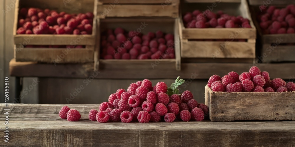 Aufkleber fresh raspberries displayed in wooden crates on a rustic table.