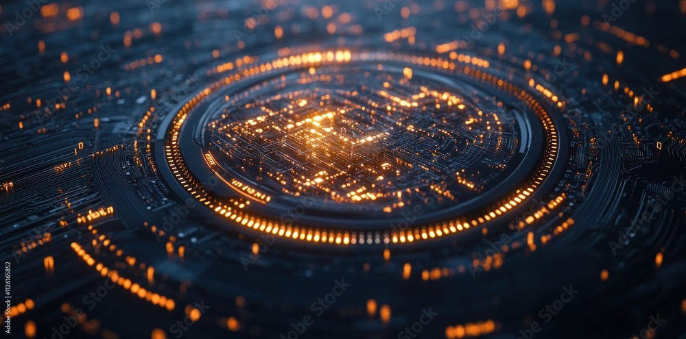 Poster abstract representation of a digital circuit with glowing elements.
