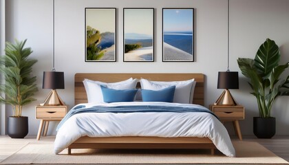 Fototapeta premium A cozy bedroom with a wooden bed, blue and white bedding, and three landscape photos above the bed, flanked by wooden nightstands with lamps and plants