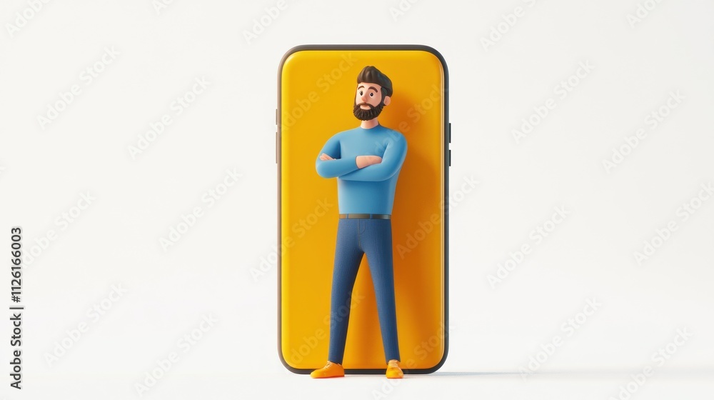 Poster a 3d character stands confidently in front of a smartphone with a vibrant background.