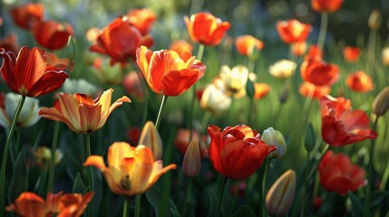 Vibrant Orange Tulips Blossoming in a Sunny Spring Garden