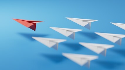group of paper planes on a white background. concept of a strong leader in a team, manipulation of the masses, following new perspectives, collaboration and unification. Startup