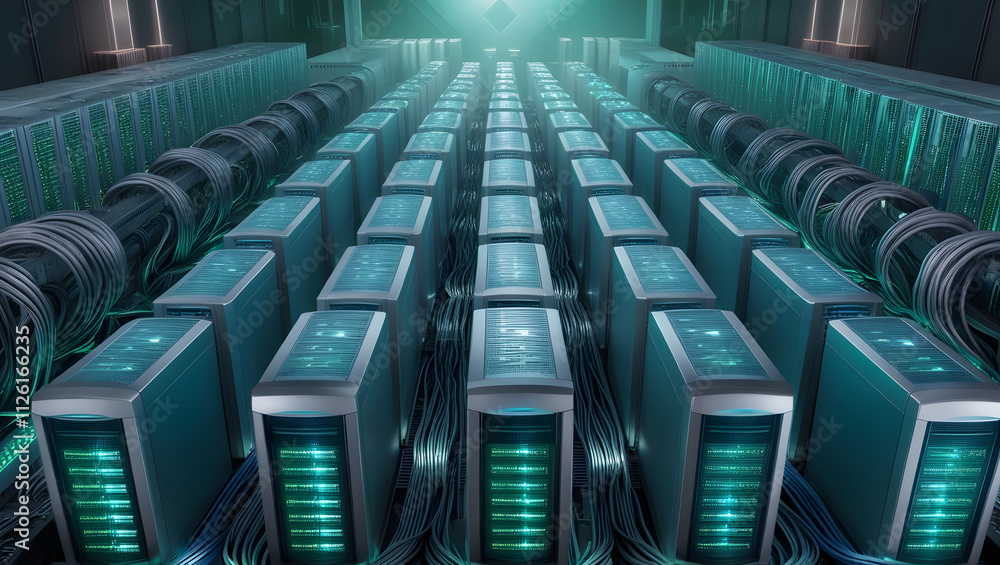 Poster server room symphony: teal-lit rows of powerful servers hum with energy in a futuristic data center,