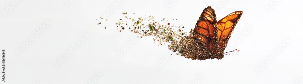 Poster a butterfly dissolving into particles, symbolizing transformation and fragility.