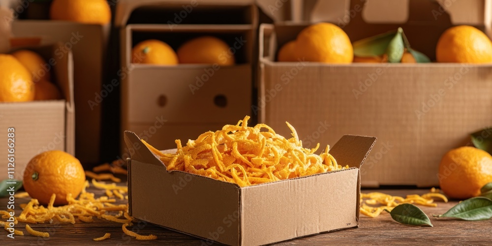 Poster a display of oranges and zest in cardboard boxes, highlighting freshness and preparation.