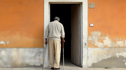 A blind man entering a building, using his walking stick to locate the doorframe