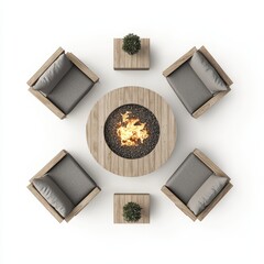 A stylish outdoor seating area featuring five chairs arranged around a circular fire pit, creating a cozy atmosphere for gatherings.