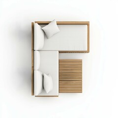 A modern, minimalist outdoor seating arrangement featuring a sectional sofa and a matching coffee table in a clean, spacious design.