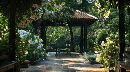 Obraz premium Serene Garden Pathway with Lush Greenery and Blooming Flowers