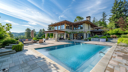 A luxurious new construction home, Modern style of home with car garage,Investment in Beauty For Sale Gorgeous New Home,Big siding house with garage and high column porch  Green lawn with trimmed 
