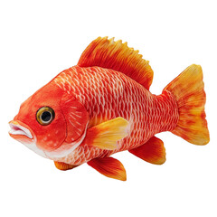 Fototapeta premium ANGLED view of a perfectly made hyper-realistic red devil cichlid colorful fish soft toy isolated on a white transparent background