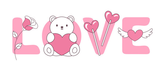 Decorative lettering Love with decorative elements for Valentine's Day vector illustration, greeting valentine card