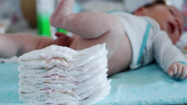 A stack of diapers lies against the background of a small newborn baby. The concept of hygiene and skin protection for children, close-up