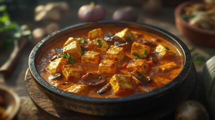 A delicious dish of paneer in a rich, creamy sauce, garnished with herbs.