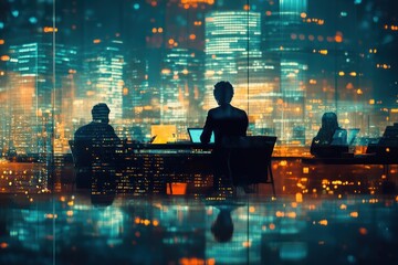 Silhouettes of professionals in a modern office with a cityscape backdrop.