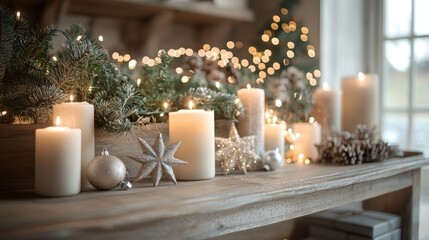 Soft candlelight flickers beside beautiful ornaments and lush greenery, enhancing the inviting atmosphere of a cozy room during the holiday season. Warmth and joy fill the space