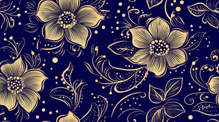 A floral pattern featuring intricate golden flowers on a dark blue background.