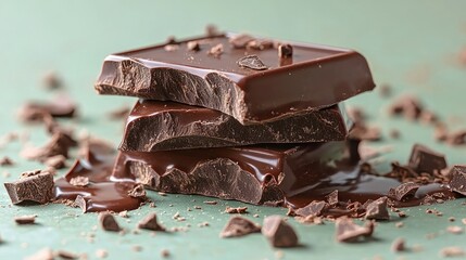 Dark chocolate chunks stacked high, melting slightly. Perfect for food blogs, dessert menus, or chocolate product ads.
