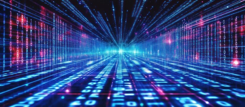A cyberpunk-inspired digital landscape with binary code streams glowing in neon, dark background with radiant light lines showcasing the flow of information 