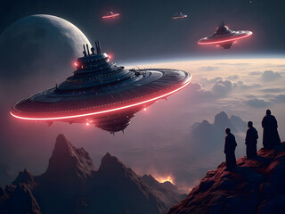 Unidentified flying objects hover over a distant planet while figures observe from a rocky landscape at twilight